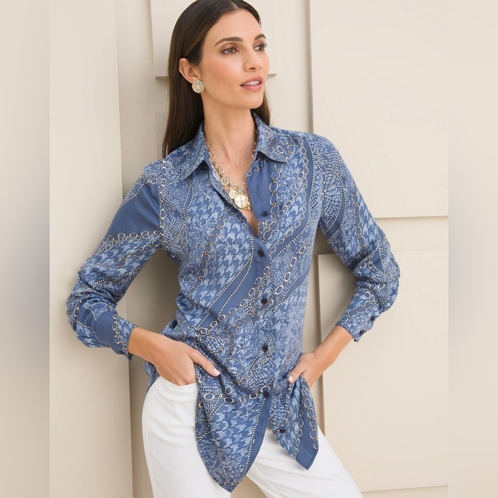 Chicos Sandwashed Satin Mixed Print Button Up Long Sleeve NEW
